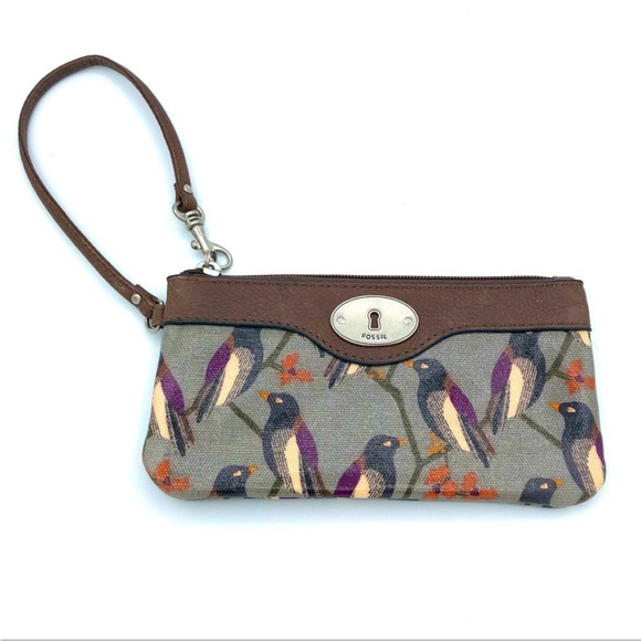 Fossil Handbags - Fossil Key-Per Wristlet Bird Print Coated Textile
Leather Trim Grey Brown Purple